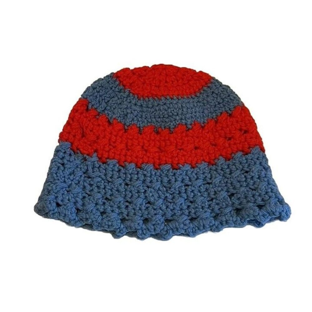Handmade Crochet Granny Cottage Core Red Blue Striped Hipster Bucket Hat Beanie